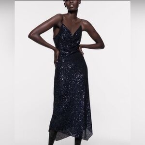 Zara Navy Sequin Slip Maxi Dress | Size: XS